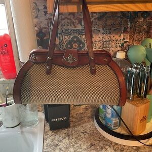 Brown Leather-Trim Woven Tote Bag